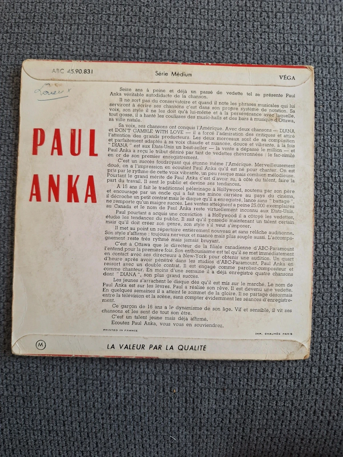 45 RPM Vinyl EP - Paul Anka - Diana / I Love You, Baby (1957) - Rare Vega Press – photo 2